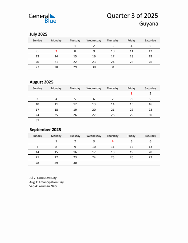 2025 Q3 Three-Month Calendar for Guyana