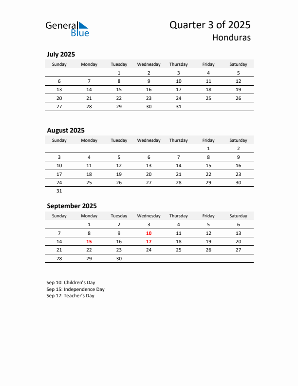 2025 Q3 Three-Month Calendar for Honduras