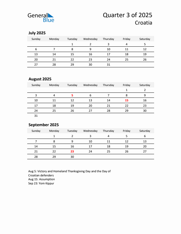 2025 Q3 Three-Month Calendar for Croatia