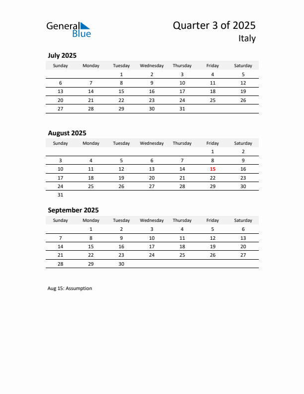 2025 Q3 Three-Month Calendar for Italy