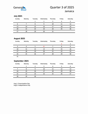 Jamaica Quarter 3 2025 calendar template