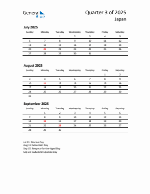 Japan Quarter 3 2025 calendar template