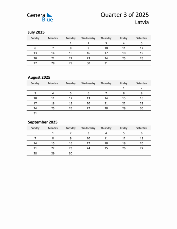 2025 Q3 Three-Month Calendar for Latvia