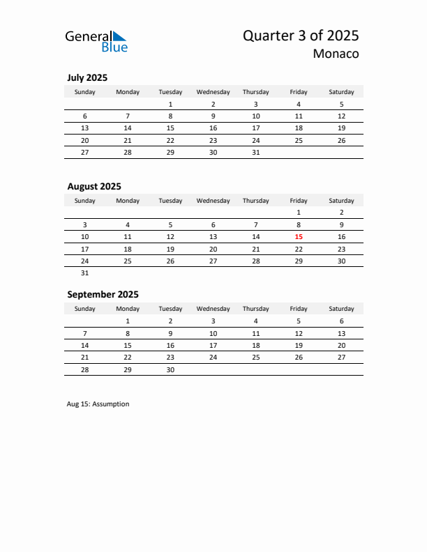 2025 Q3 Three-Month Calendar for Monaco