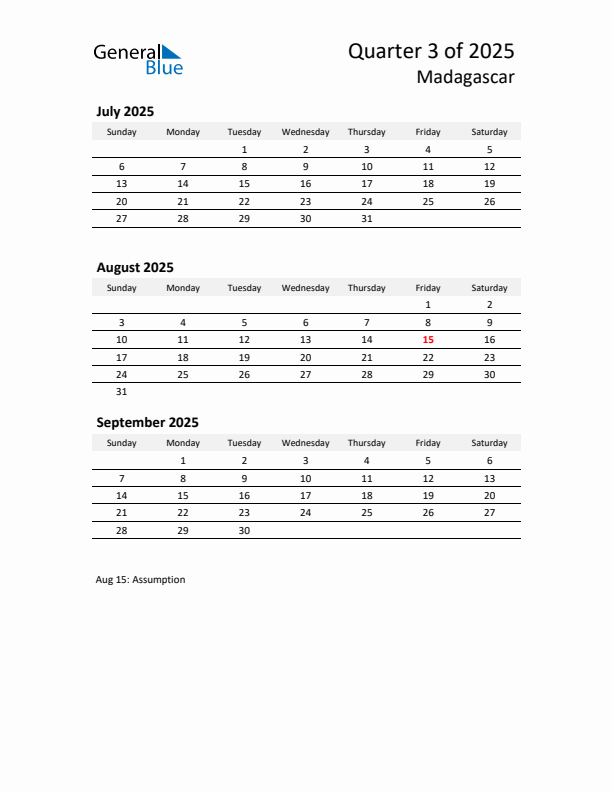 2025 Q3 Three-Month Calendar for Madagascar