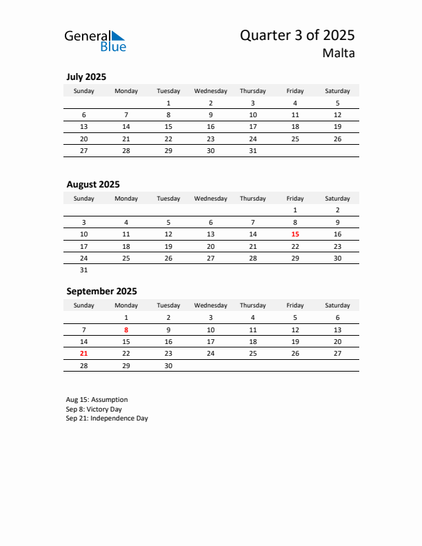 2025 Q3 Three-Month Calendar for Malta