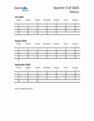 Mexico Quarter 3 2025 calendar template