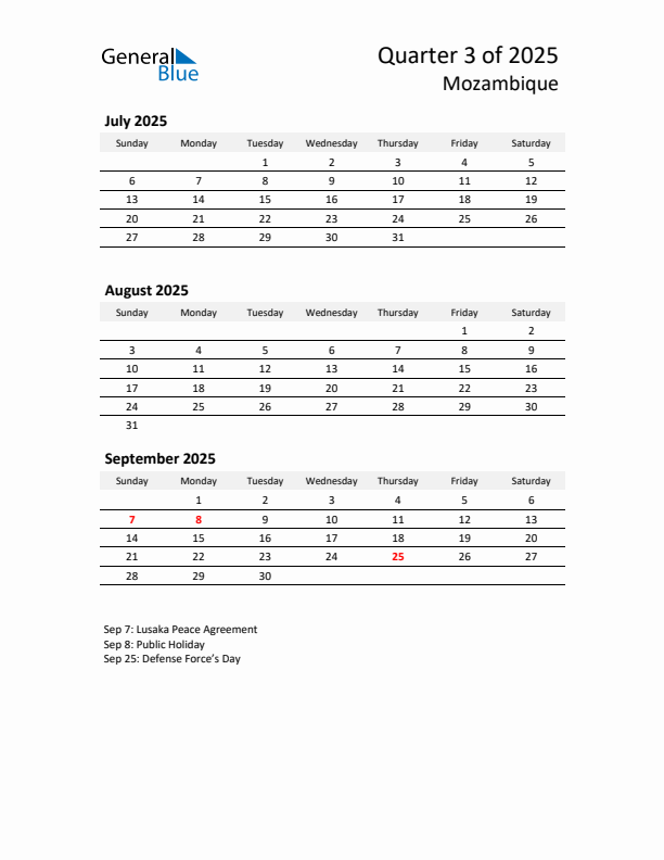 2025 Q3 Three-Month Calendar for Mozambique