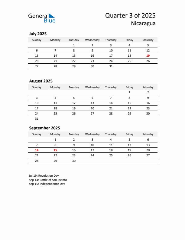 2025 Q3 Three-Month Calendar for Nicaragua