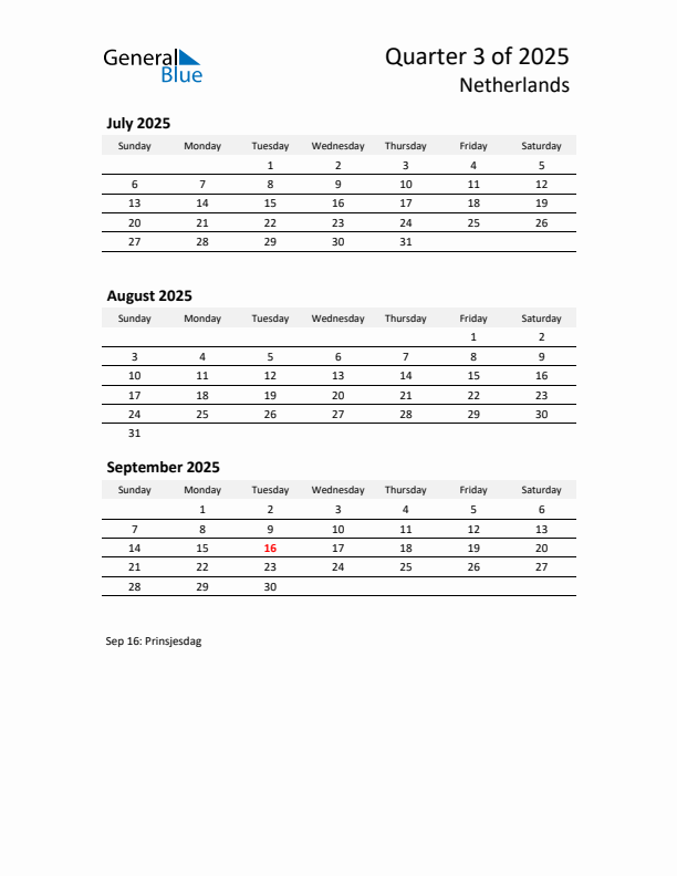 2025 Q3 Three-Month Calendar for The Netherlands