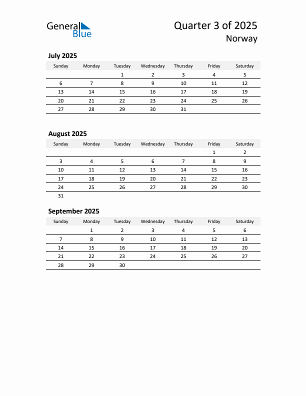 2025 Q3 Three-Month Calendar for Norway