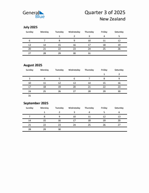 New Zealand Quarter 3 2025 calendar template