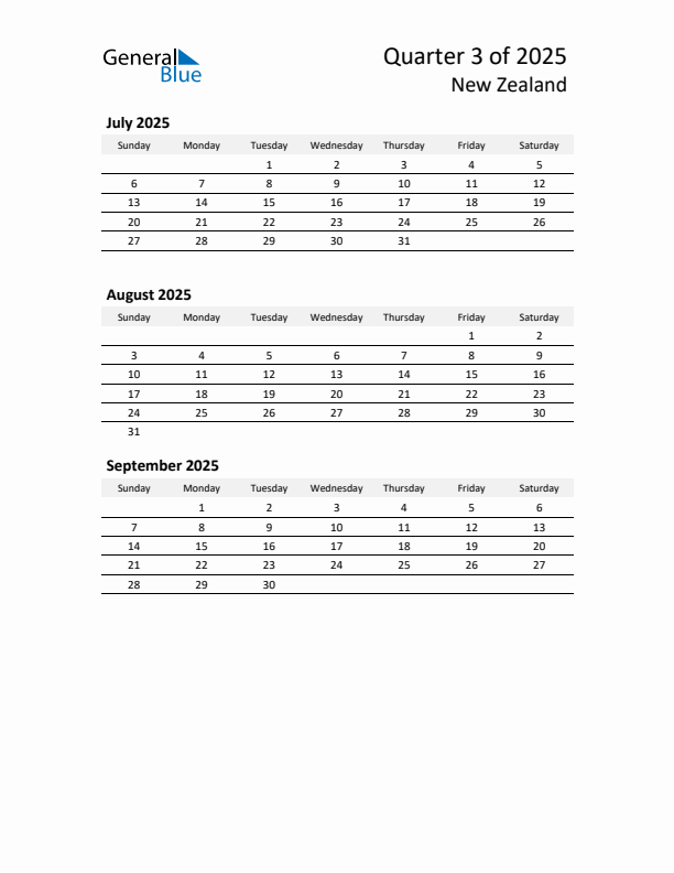 2025 Q3 Three-Month Calendar for New Zealand