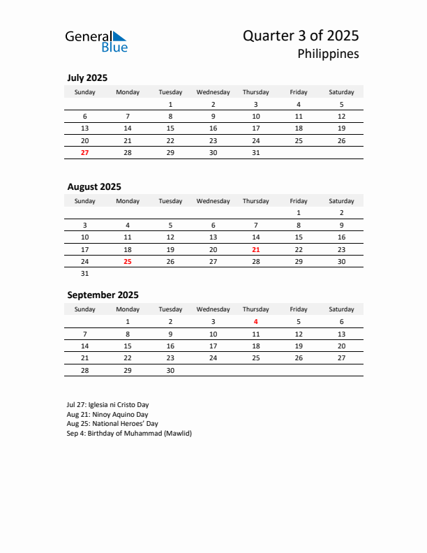 2025 Q3 Three-Month Calendar for Philippines