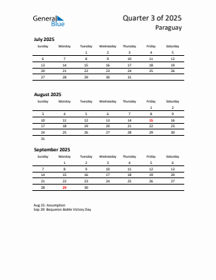 Paraguay Quarter 3 2025 calendar template