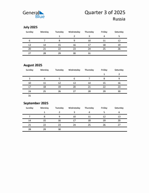 Russia Quarter 3 2025 calendar template