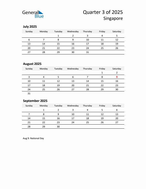 2025 Q3 Three-Month Calendar for Singapore