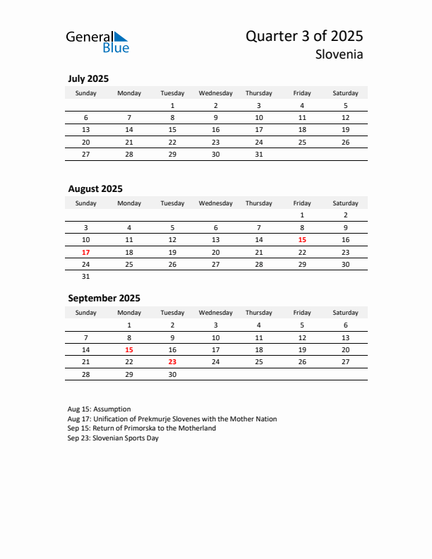 2025 Q3 Three-Month Calendar for Slovenia