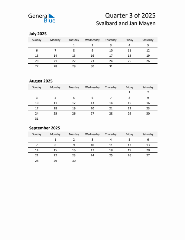 2025 Q3 Three-Month Calendar for Svalbard and Jan Mayen