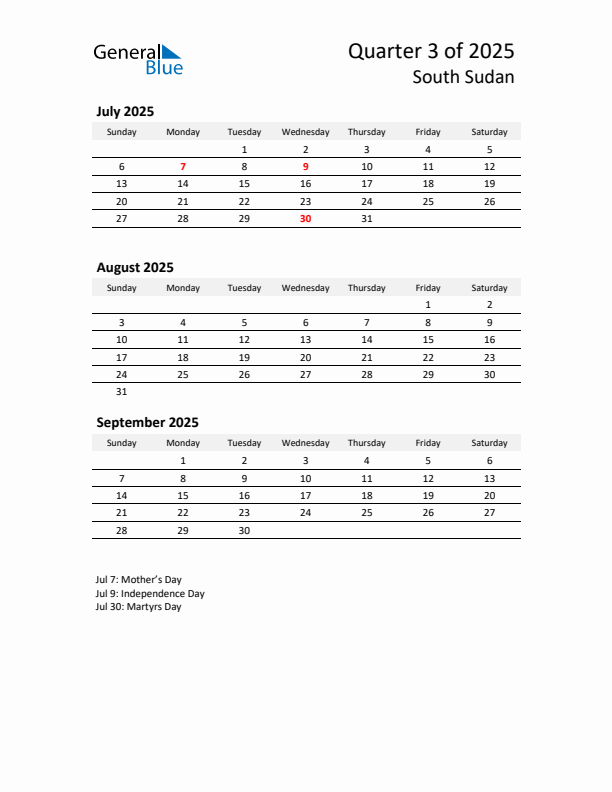 2025 Q3 Three-Month Calendar for South Sudan