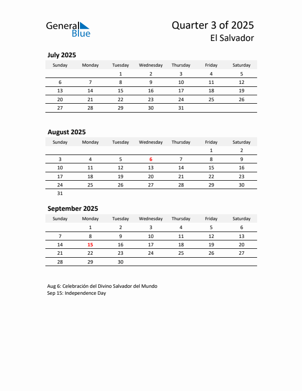 2025 Q3 Three-Month Calendar for El Salvador