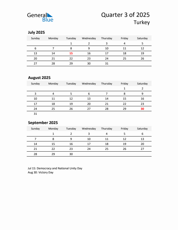 2025 Q3 Three-Month Calendar for Turkey