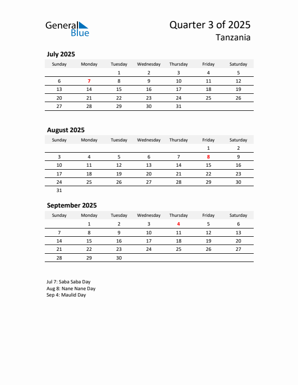 2025 Q3 Three-Month Calendar for Tanzania