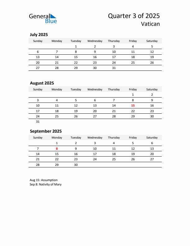 2025 Q3 Three-Month Calendar for Vatican