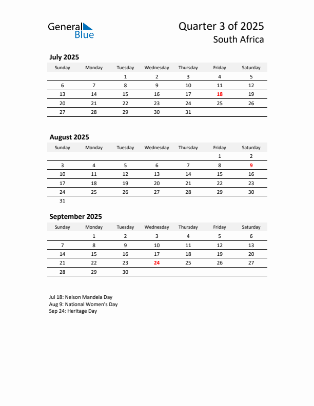 2025 Q3 Three-Month Calendar for South Africa