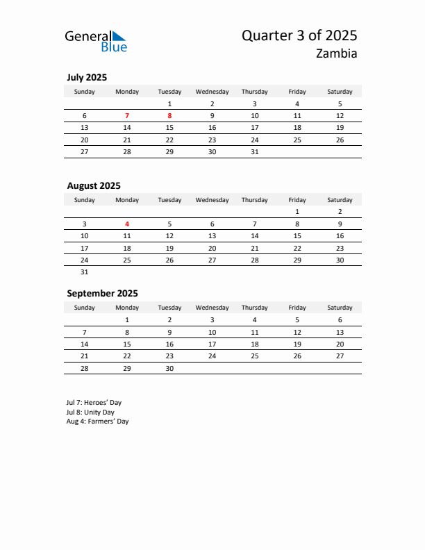 2025 Q3 Three-Month Calendar for Zambia