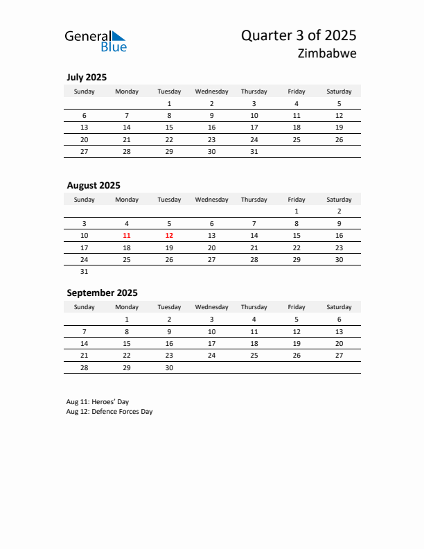 2025 Q3 Three-Month Calendar for Zimbabwe