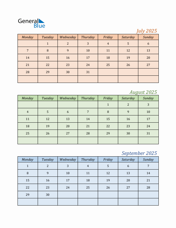 Three-Month Calendar for Year 2025 (July, August, and September)