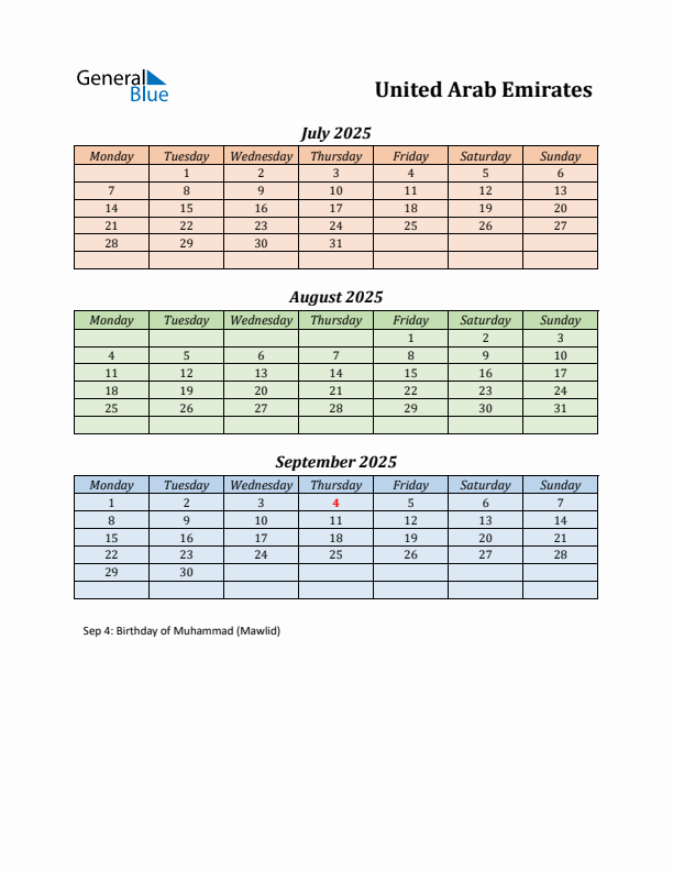 Q3 2025 Holiday Calendar - United Arab Emirates