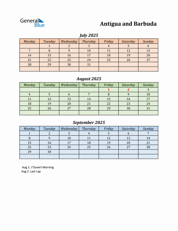 Q3 2025 Holiday Calendar - Antigua and Barbuda