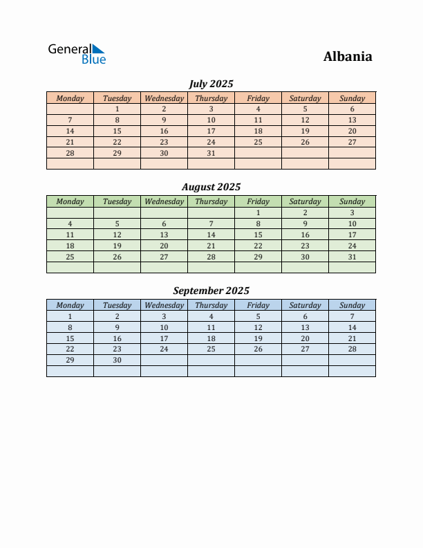 Q3 2025 Holiday Calendar - Albania