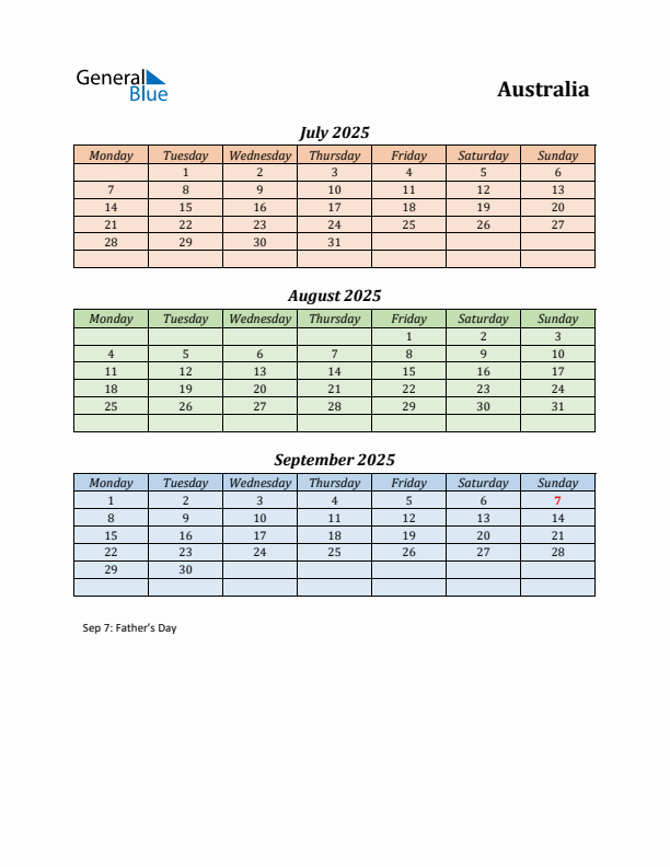 Q3 2025 Holiday Calendar - Australia