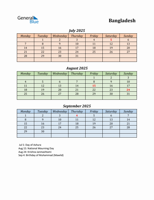 Q3 2025 Holiday Calendar - Bangladesh