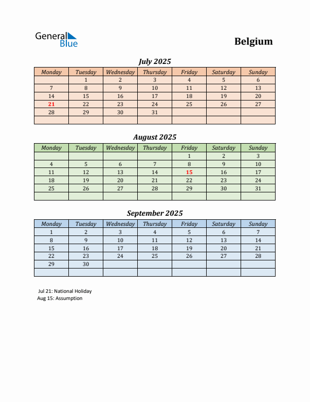 Q3 2025 Holiday Calendar - Belgium