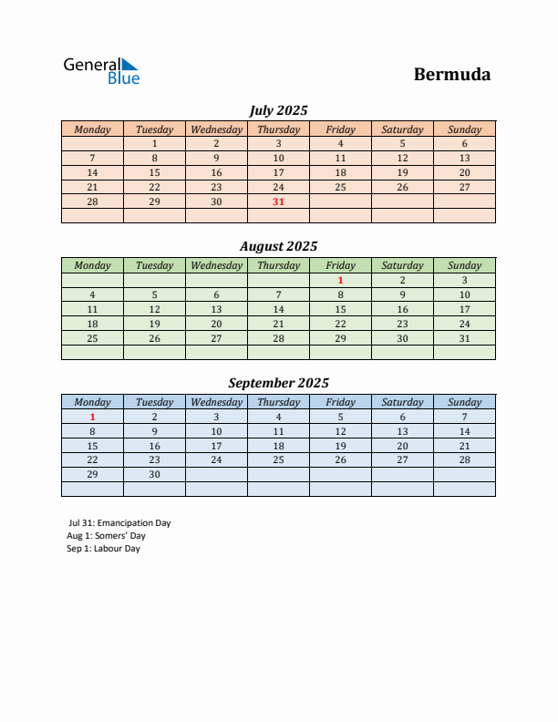 Q3 2025 Holiday Calendar - Bermuda