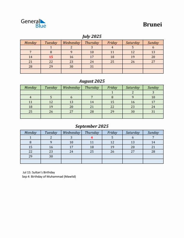 Q3 2025 Holiday Calendar - Brunei