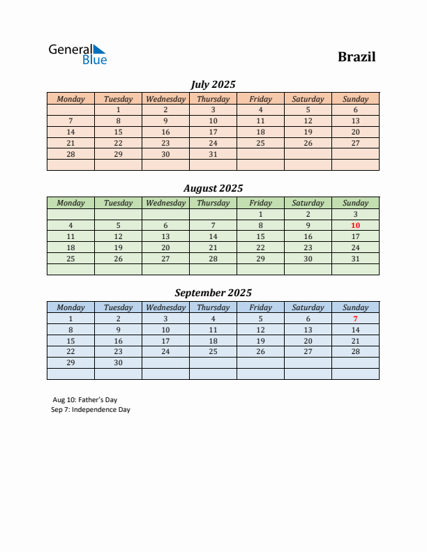 Q3 2025 Holiday Calendar - Brazil