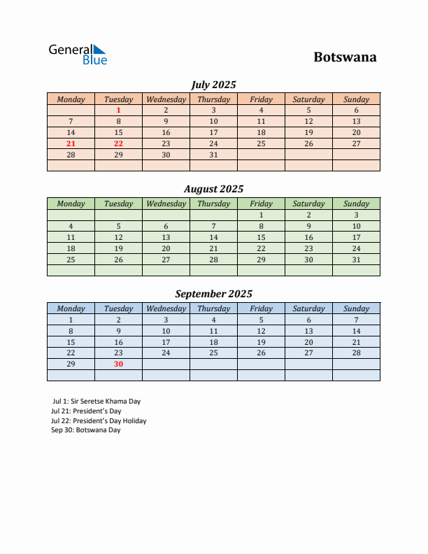 Q3 2025 Holiday Calendar - Botswana