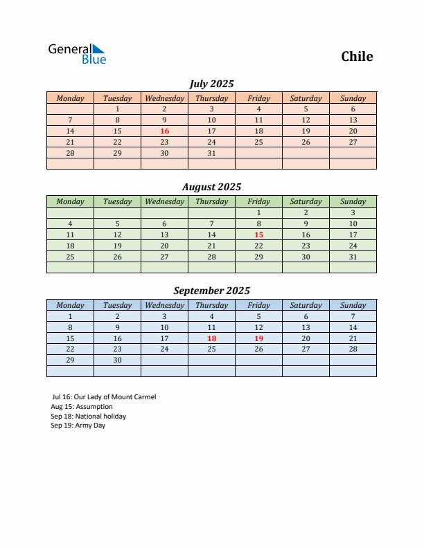 Q3 2025 Holiday Calendar - Chile