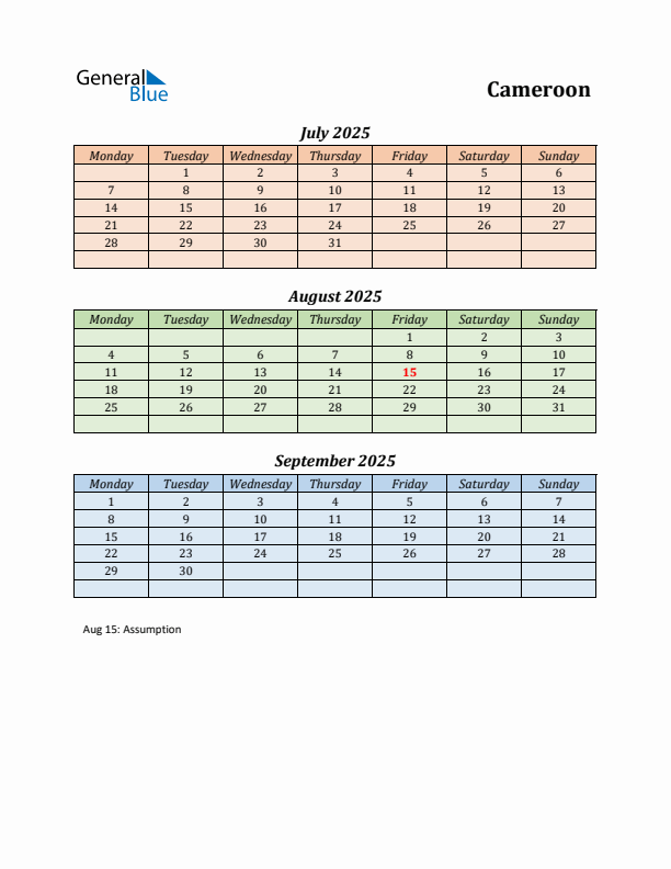 Q3 2025 Holiday Calendar - Cameroon