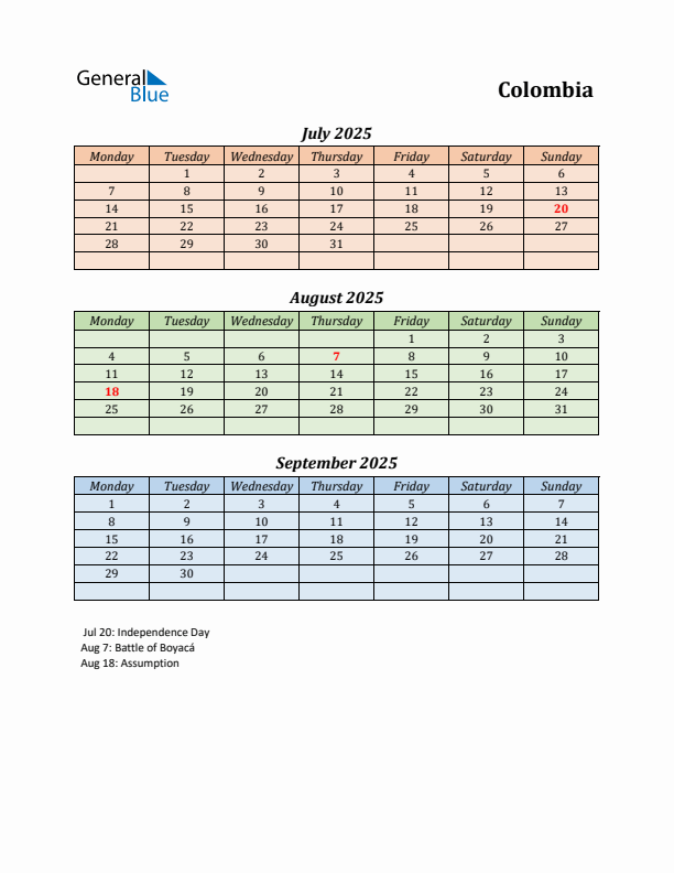 Q3 2025 Holiday Calendar - Colombia