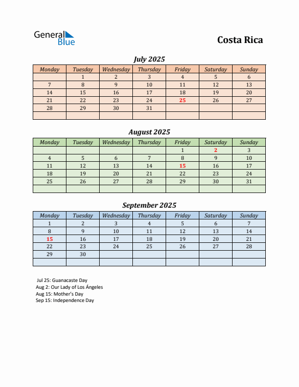 Q3 2025 Holiday Calendar - Costa Rica