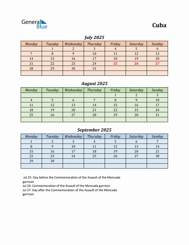 Q3 2025 Holiday Calendar - Cuba