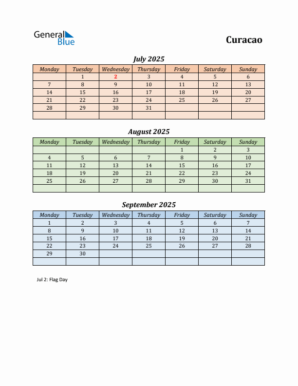 Q3 2025 Holiday Calendar - Curacao