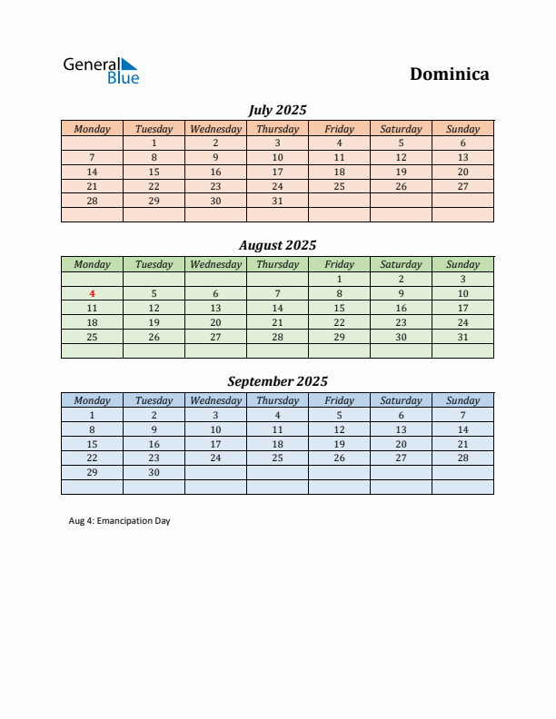 Q3 2025 Holiday Calendar - Dominica