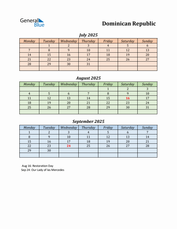 Q3 2025 Holiday Calendar - Dominican Republic